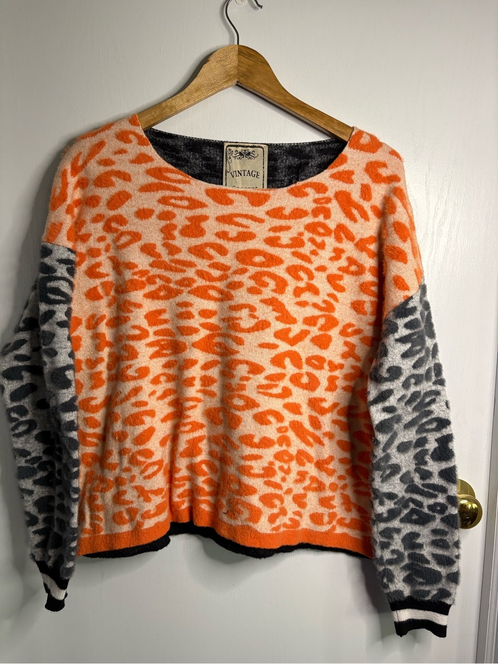 Vintage Concepts Sz XL Patchwork Leopard Print Textured Women's Sweater Angora